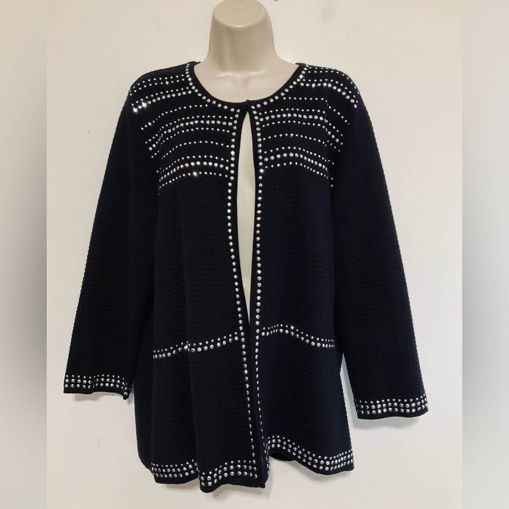 Alfred dunner 1X waffle knit cardigan sweater black with silver studs